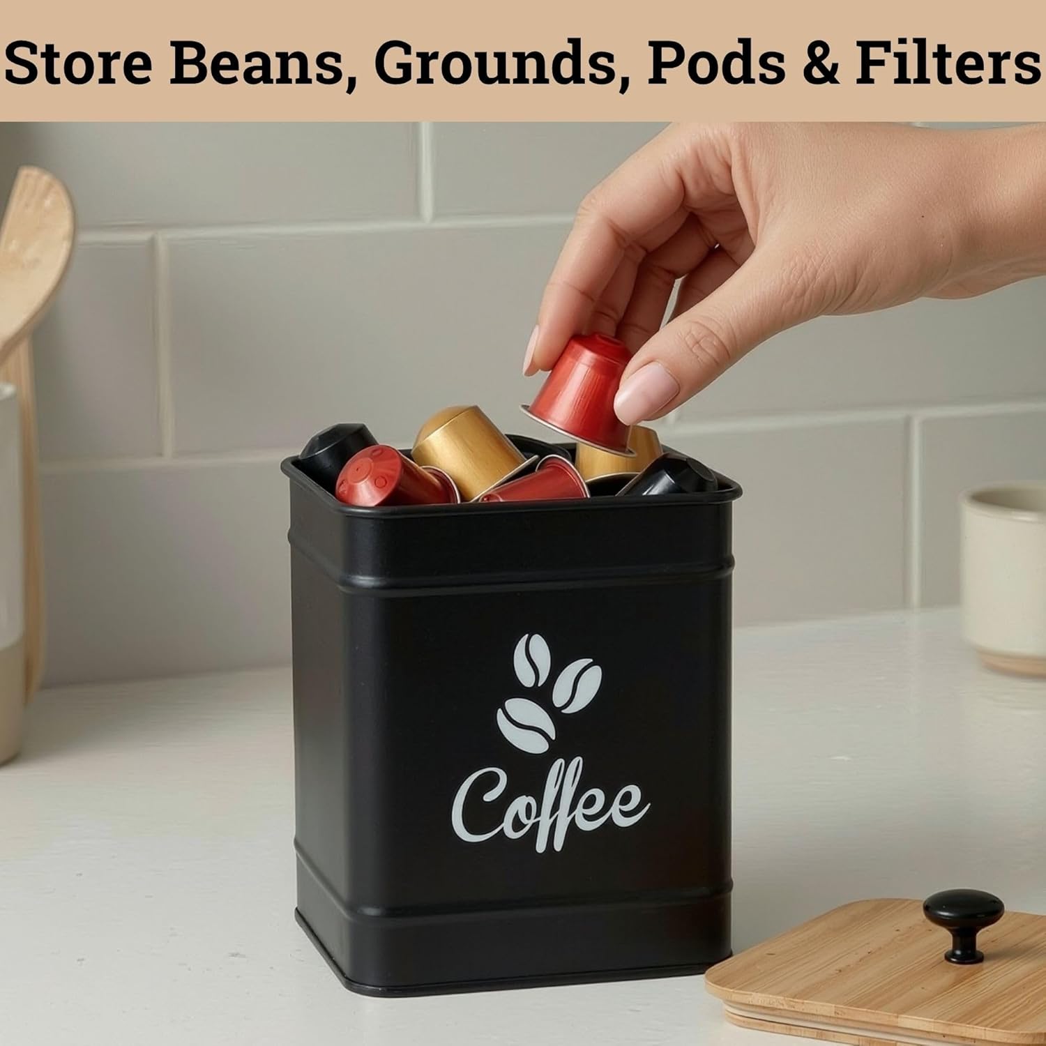 Airtight Coffee Canister 40 oz, 6"x 8" Metal Jar w/ Rubber-Lined Bamboo Lid | 40oz Large Iron, Airtight Coffee