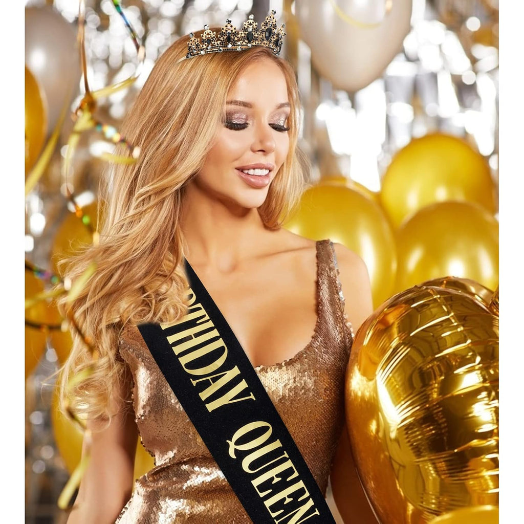"BIRTHDAY QUEEN" Sash and Tiara for Women Crystal Tiara and Satin Kit for Girl Rhinestones Crown with Comb Glitter
