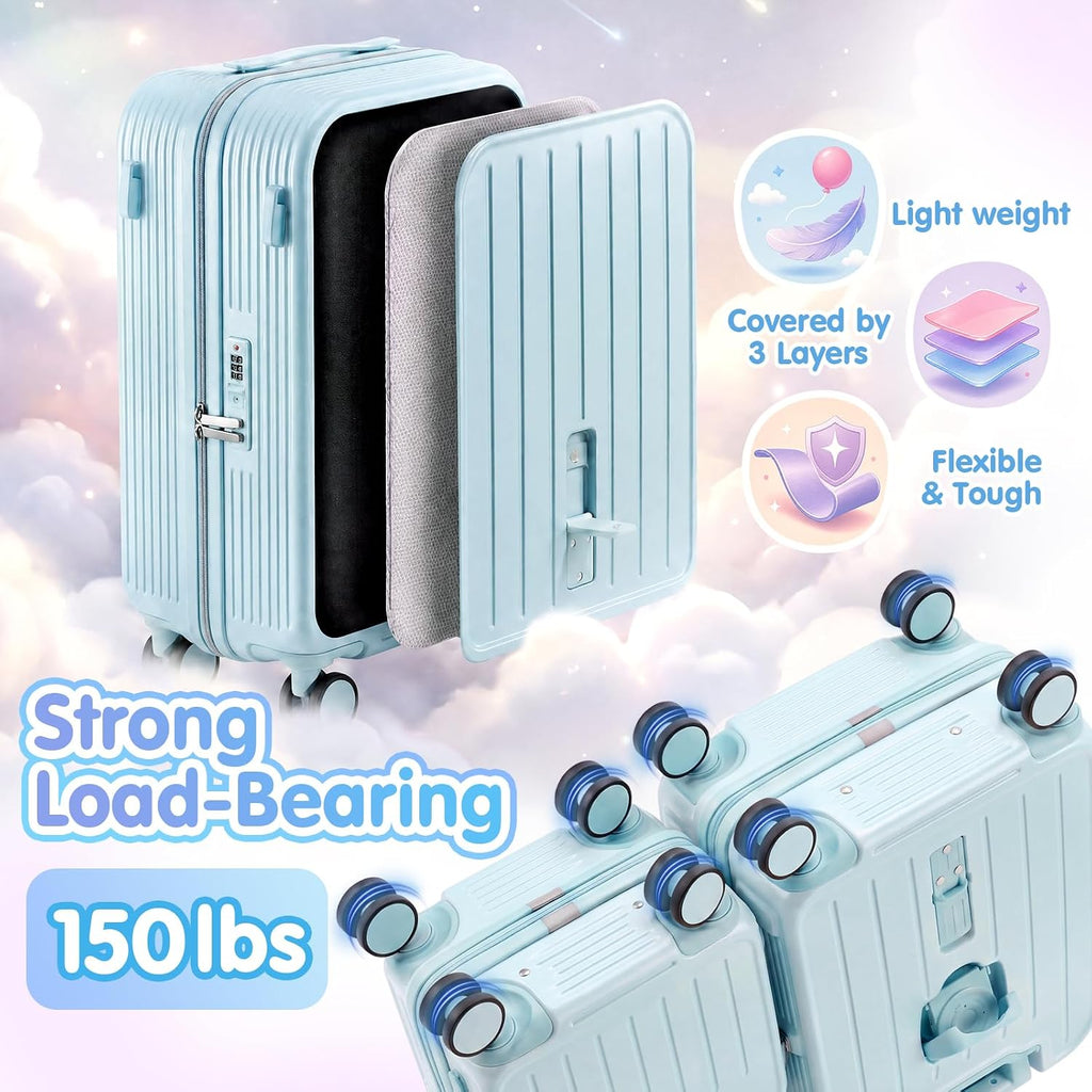 Ride On Suitcase for Kids 2 Piece Carry On Luggage Set (Light Blue)