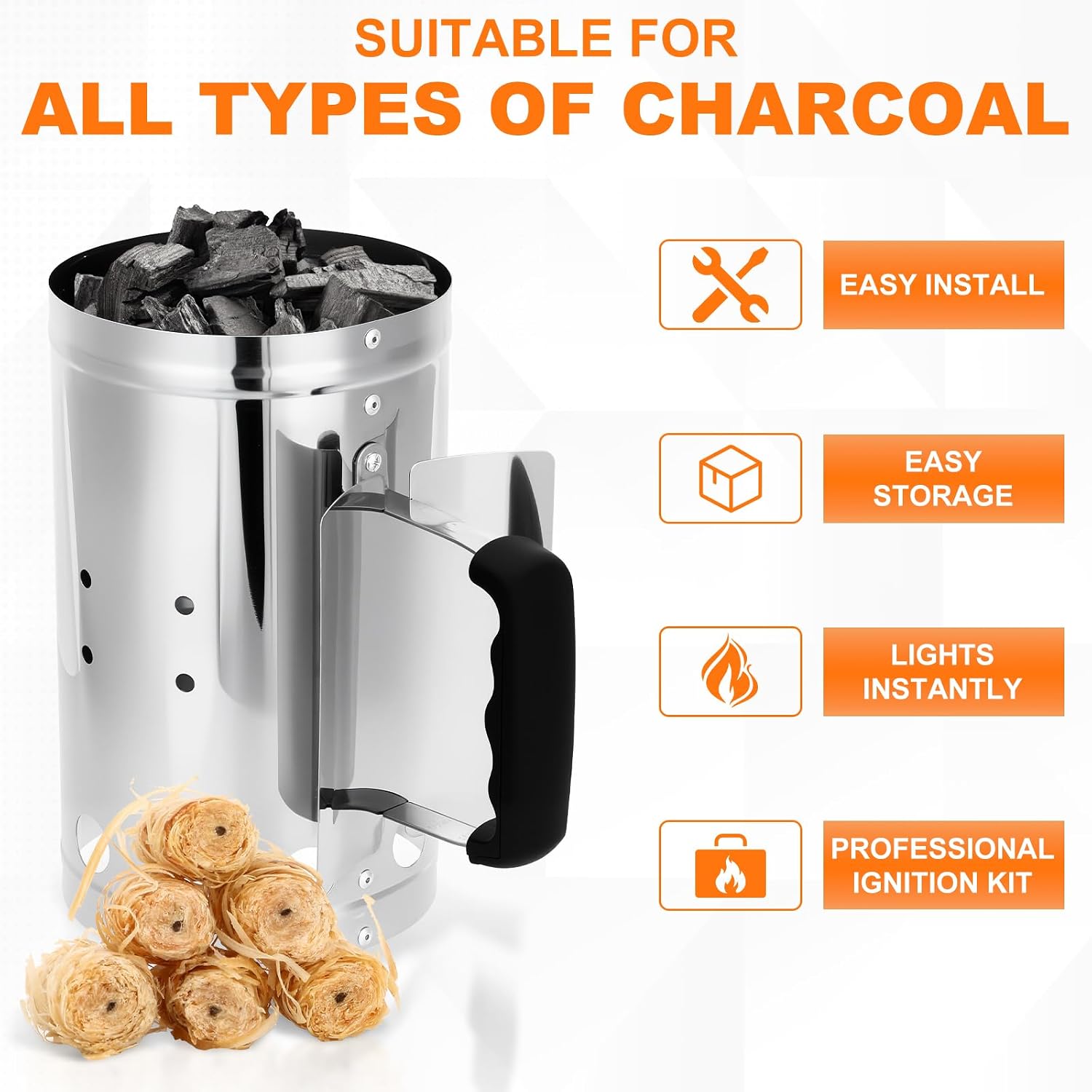 Charcoal Chimney Starter, BBQ Grill Quick Rapid Fire
