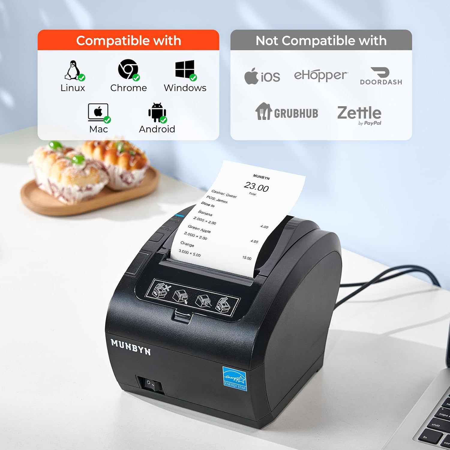 Bluetooth Thermal Receipt Printer 80mm White USB Serial Ethernet | Compatible with Android Windows PC and iOS, does