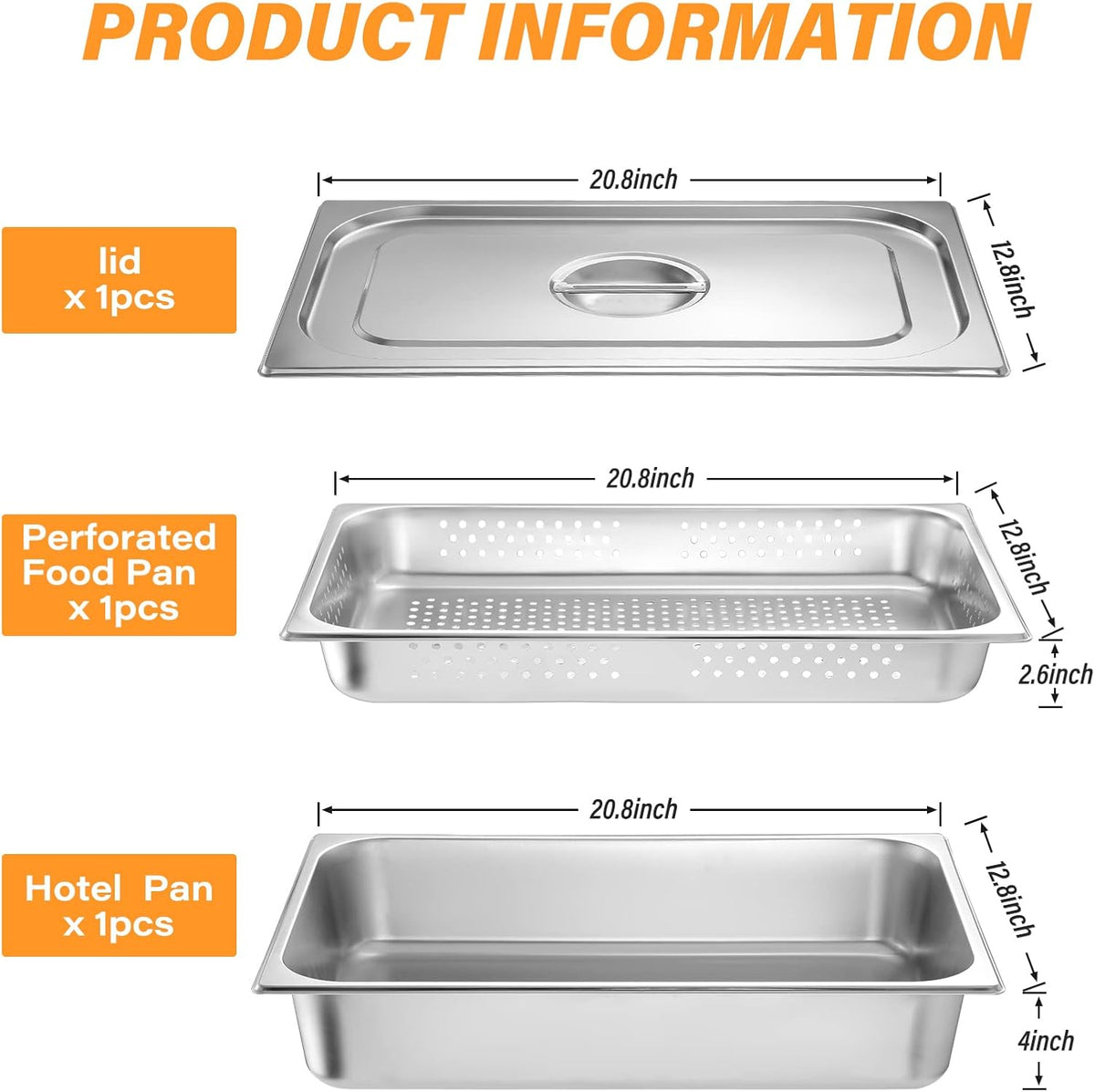 3 Pack Full Size Hotel Pan with Lid, 2.6 Inch, 4 Inch
