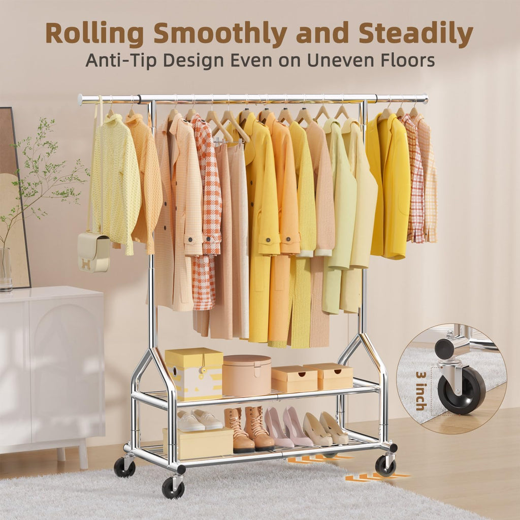 Heavy Duty Clothes Rack Load 556 LBS, Rolling Clothing Rack With Shelves, Height Adjustable Metal Clothes Hanger with