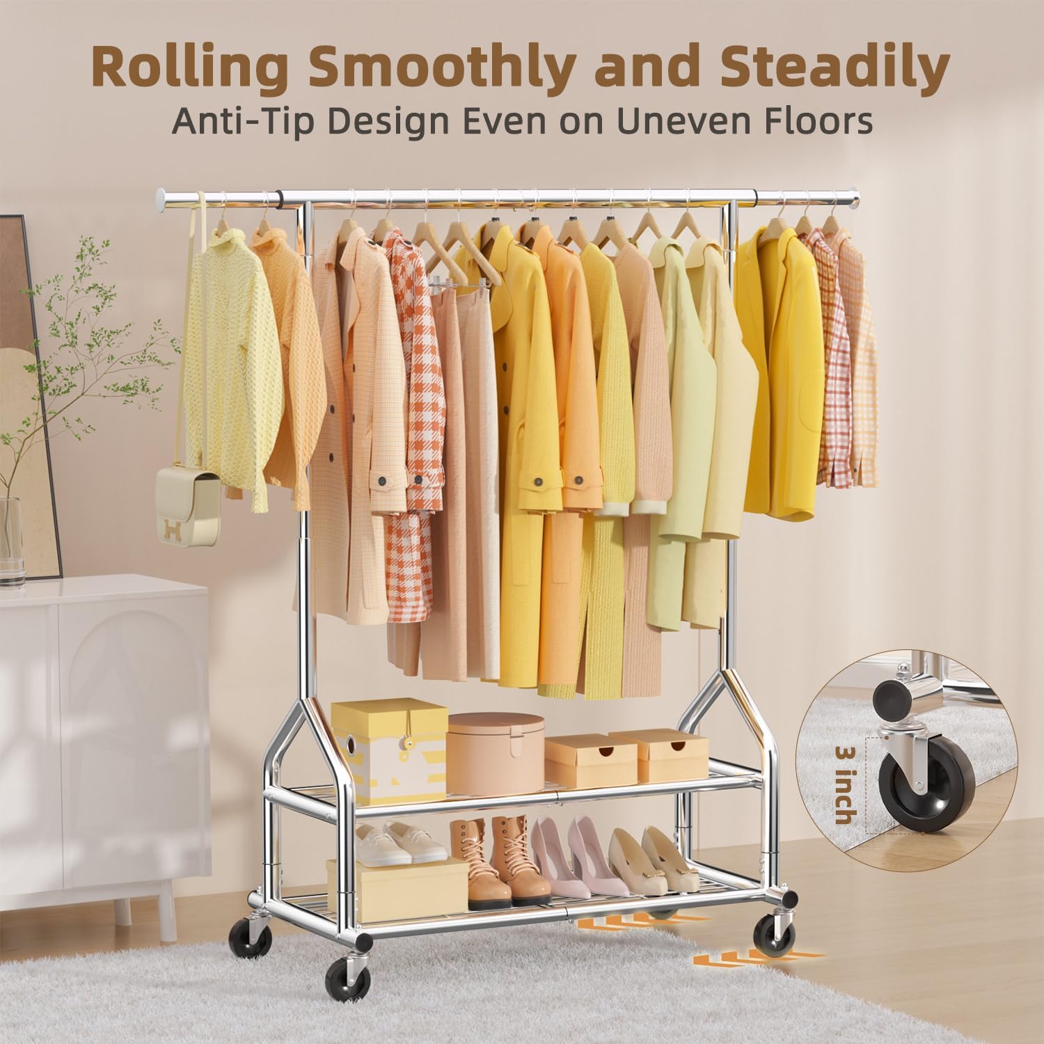 Heavy Duty Clothes Rack Load 556 LBS, Rolling Clothing Rack With Shelves, Height Adjustable Metal Clothes Hanger with