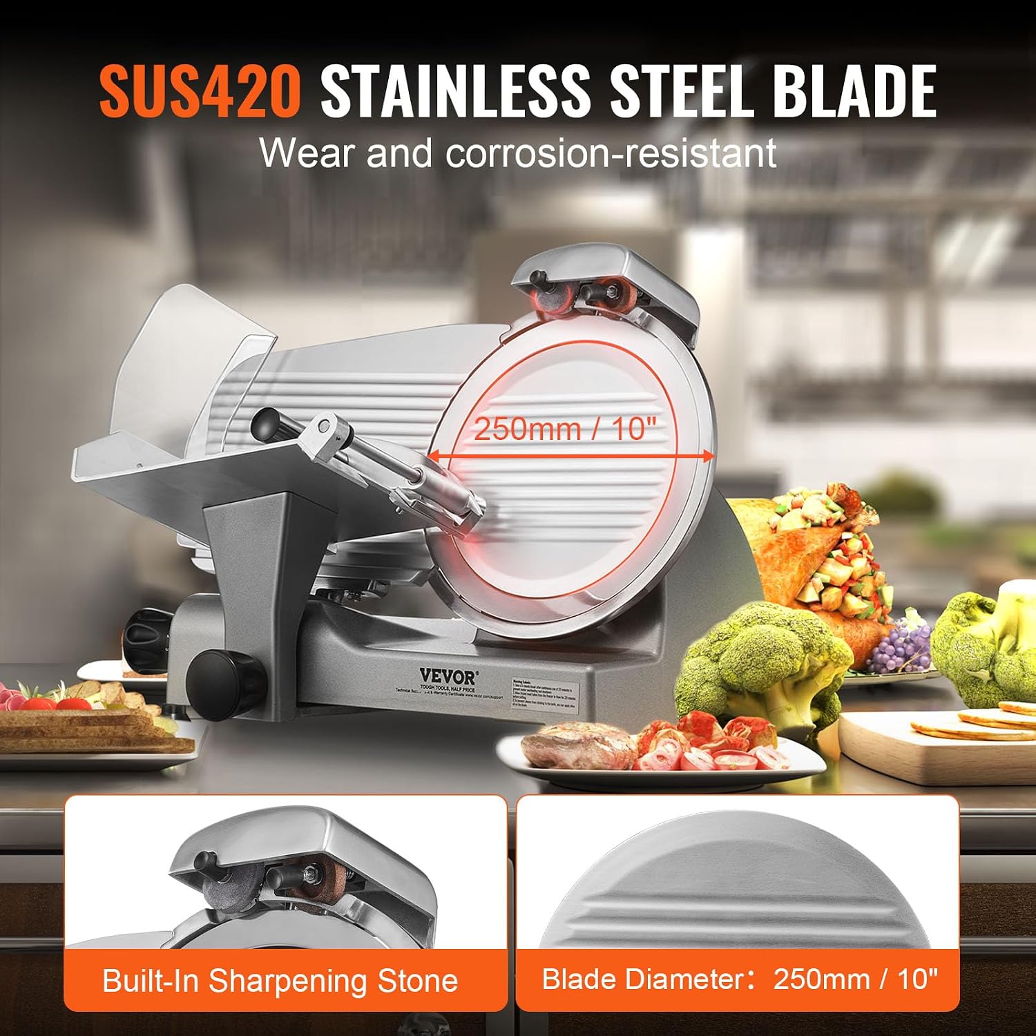 Meat Slicer, 340W Electric Deli Food Slicer with 10" SUS420 Stainless Steel Blade and Built-in Sharpening Stone