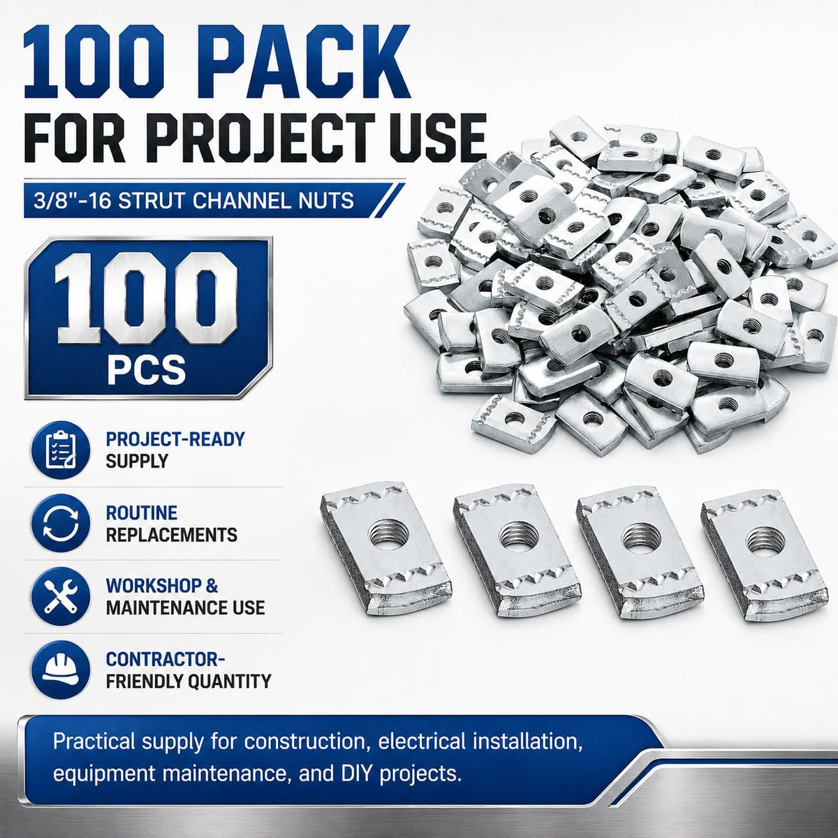 100 Pack 3/8-16 Strut Channel Nuts, 8mm Zinc-Plated Steel, No Spring