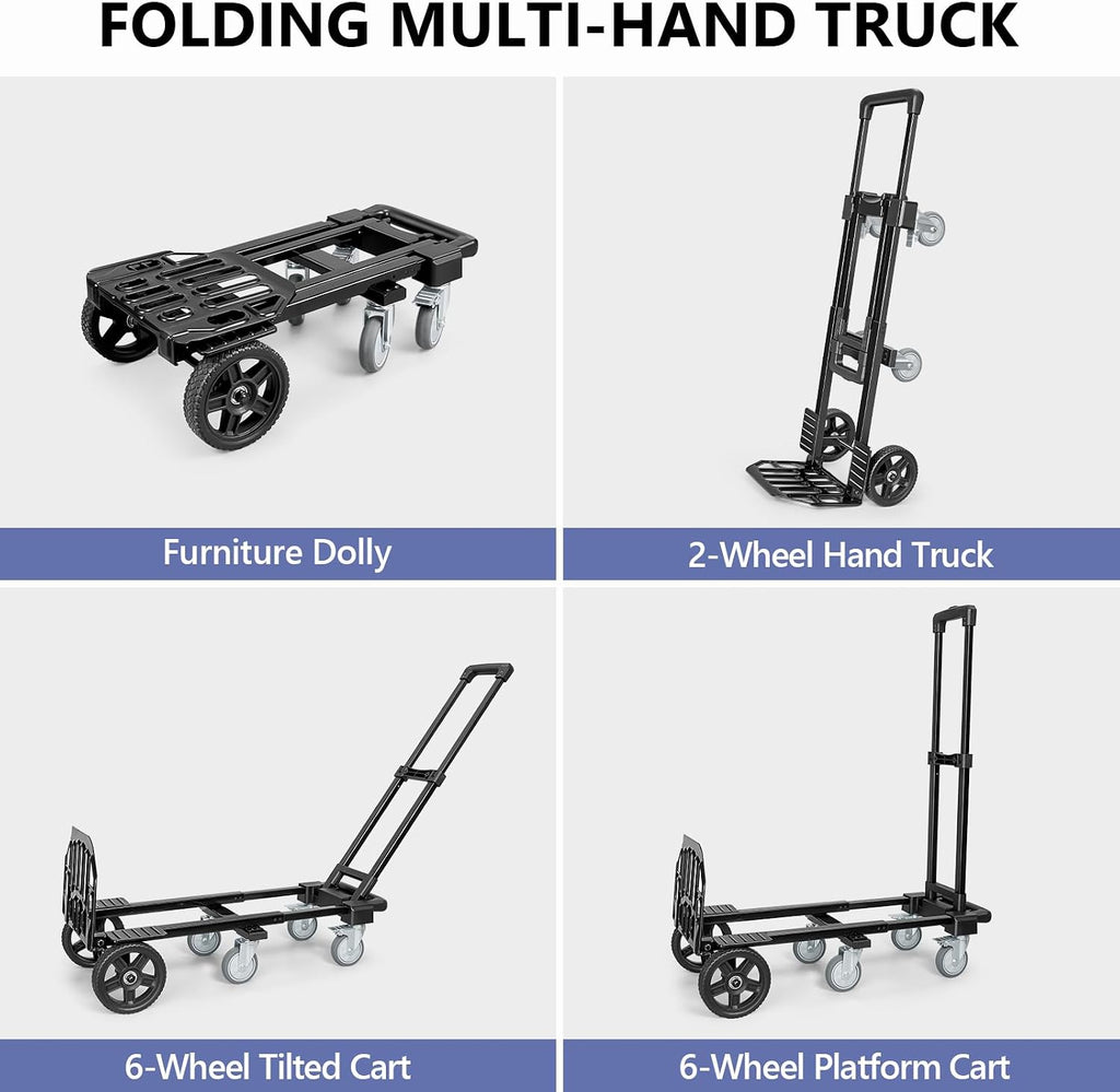 3-in-1 Convertible Dolly Cart with Wheels, 600LBS Heavy Duty Hand Truck Dolly, Hand Truck with Adjustable Handle