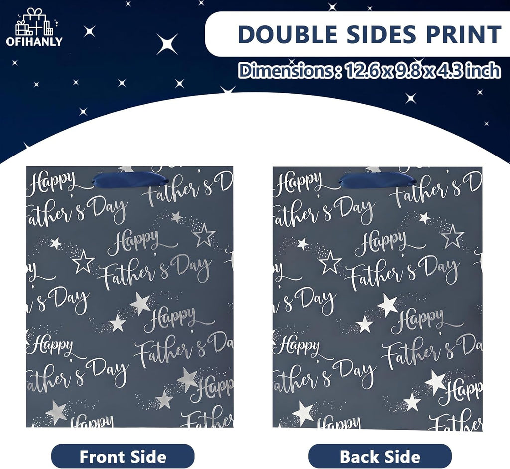 12.6" Medium Size Happy Fathers Day Gift Bag with Handles for New Dad Navy Blue Paper Gift Wrap Bags with Tissue