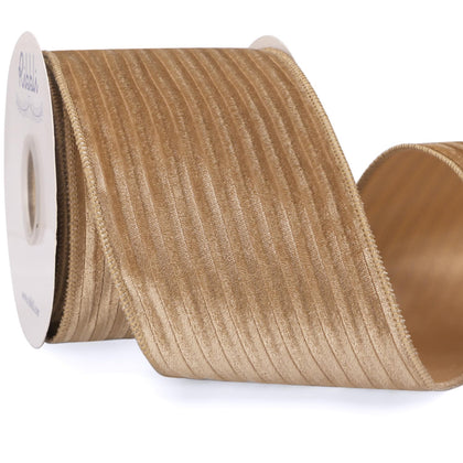 Glossy Khaki Velvet Wired Ribbon 4 Inch Striped Velvet Christmas Ribbon for Gift Wrapping Christmas Tree Decoration