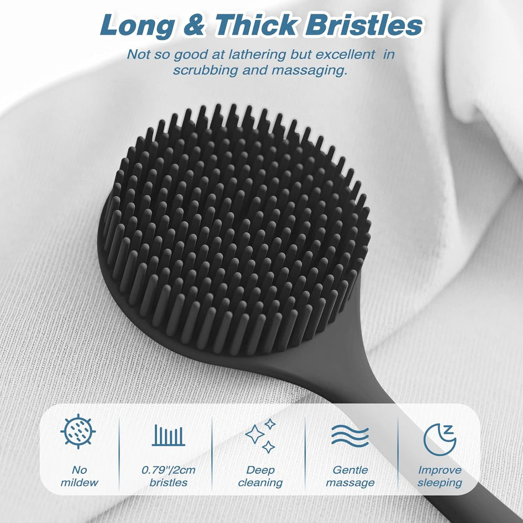 Silicone Back Scrubber(Thick Bristles) & Soft Bath Glove Set, Super-Exfoliating Body Scrubber & Super-Lathering
