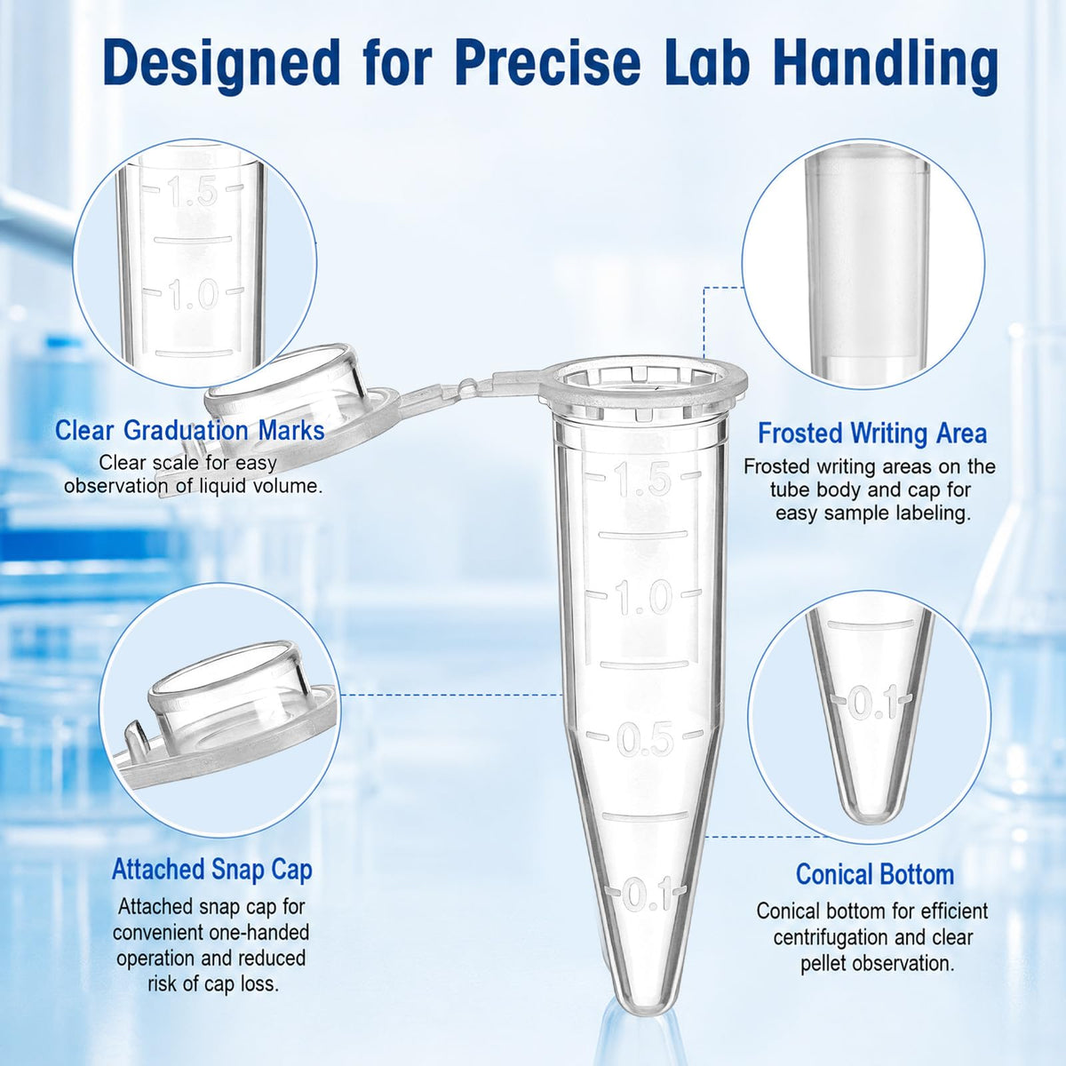 500 Pcs 1.5ml Snap Cap Microcentrifuge Tube with Graduation Heat