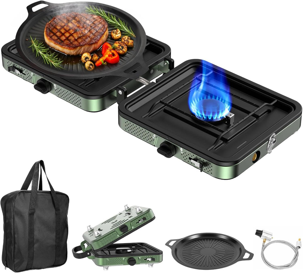 Portable Camping stove, 2 Burner Foldable Camping Stove with Griddle and Carrying Bag & Hose, 8600BTU Portable