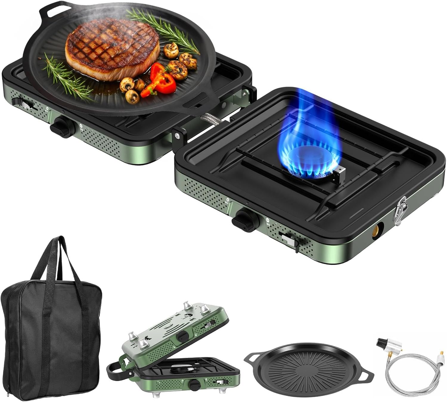 Portable Camping stove, 2 Burner Foldable Camping Stove with Griddle and Carrying Bag & Hose, 8600BTU Portable