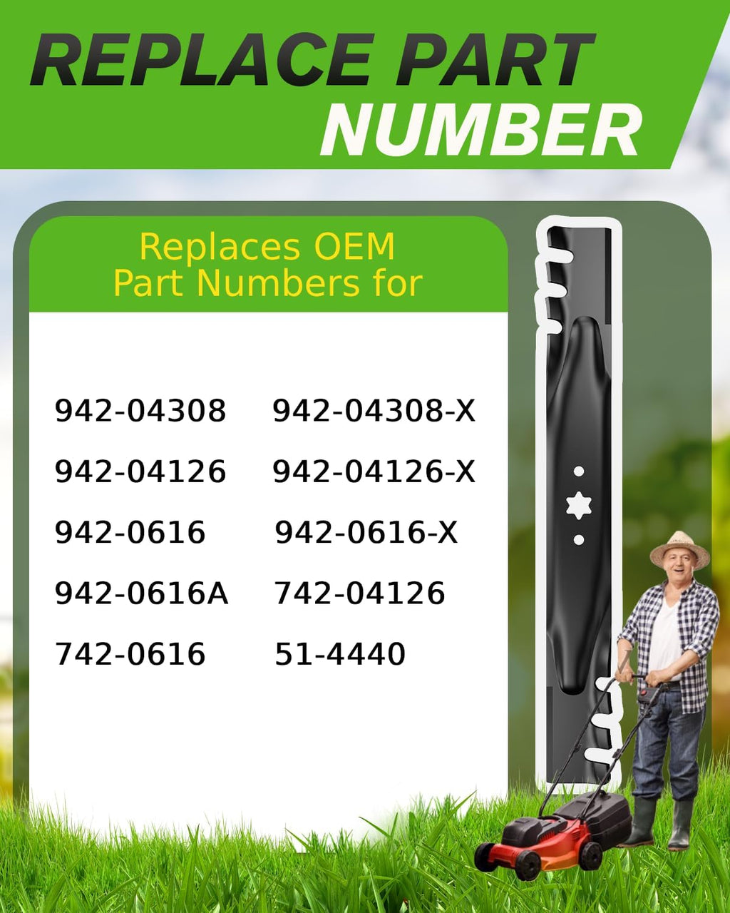 42 inch Deck Lawn Mower Blade, 942-04308-X, 942-04308 Mulching Blades with 6 Point Star, Replace Number for Troy Bilt