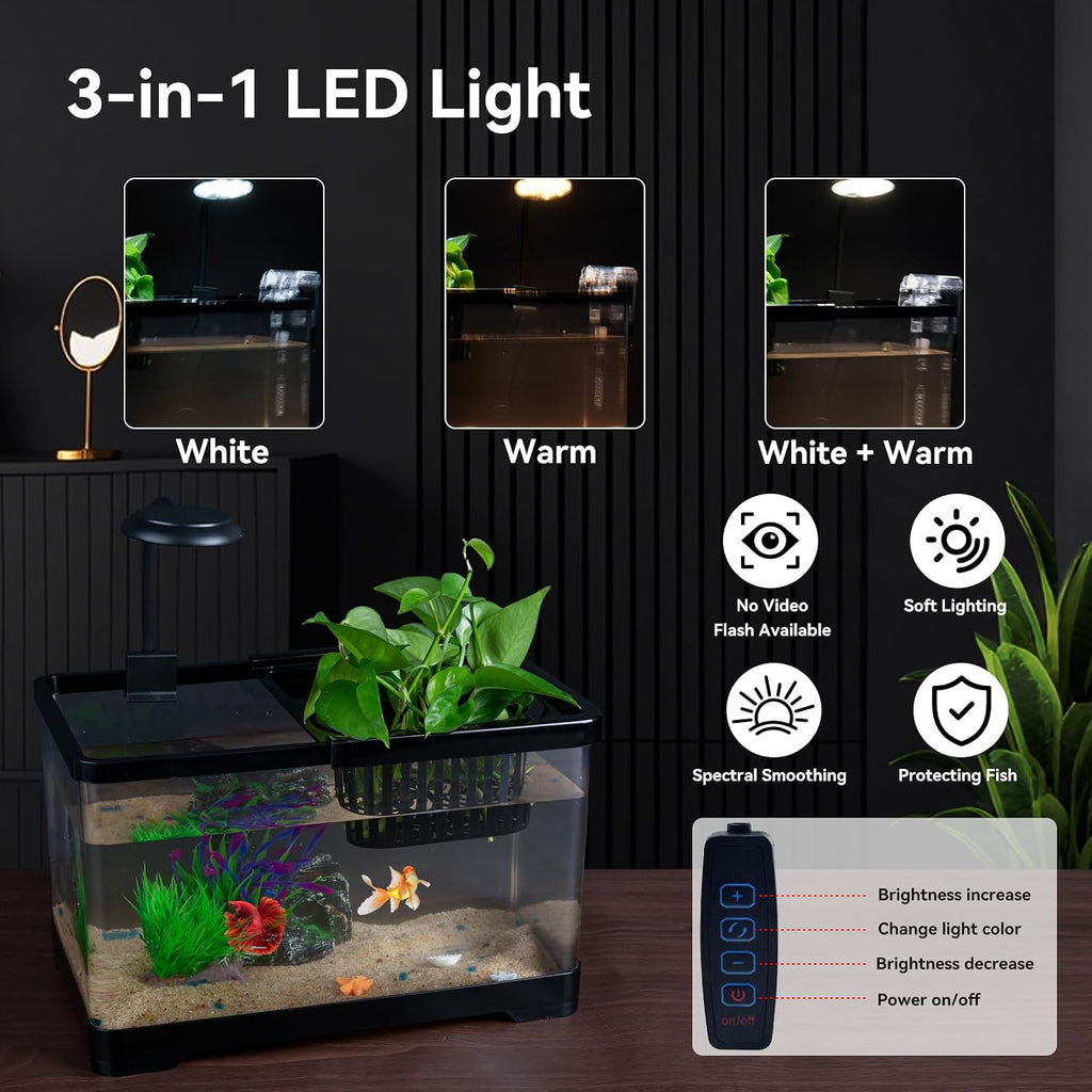 1.8 Gallon Beta Fish Tank Aquariums Kits - Clear Small Fish Bowl Starter Kit with LED Light, Water Filter Pump