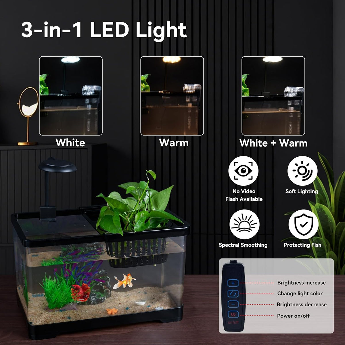 1.8 Gallon Beta Fish Tank Aquariums Kits - Clear Small Fish Bowl Starter Kit with LED Light, Water Filter Pump