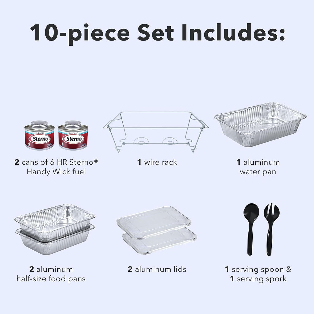 Disposable Chafing Dish Buffet Set With 6-Hour Fuel, 10 Piece | 1 full-size buffet setup with 2 cans of fuel, water
