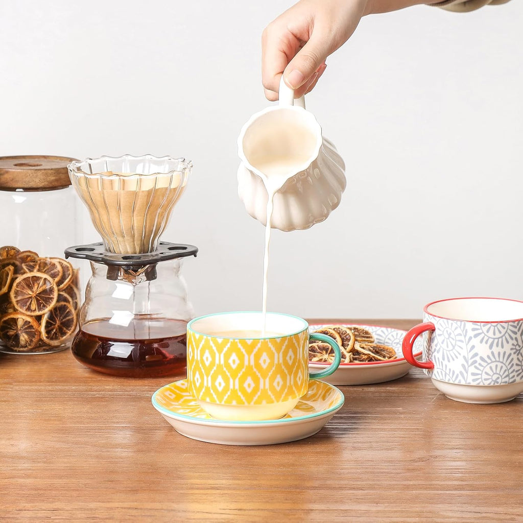 Ceramic Cappuccino Cups with Saucers and Metal Stand, 8 OZ Stackable Espresso Coffee Cups for Coffee, Latte