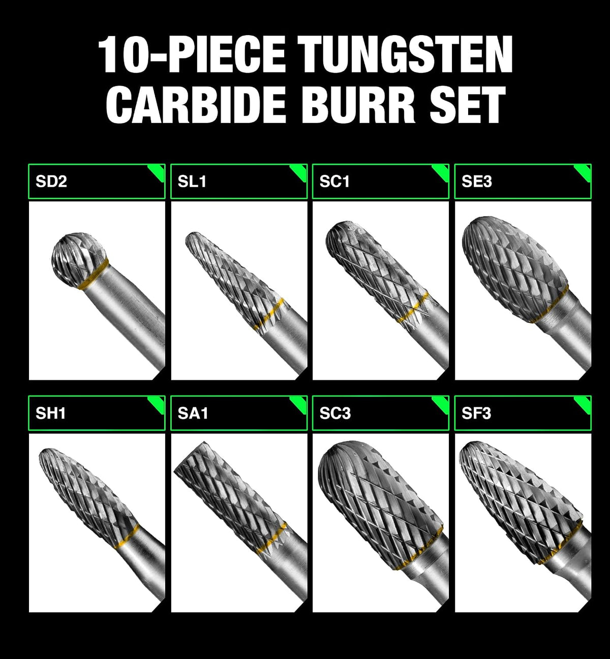 Carbide Burr Set 1/4 In Shank 8-Pc 8mm Head with Clear Storage Box