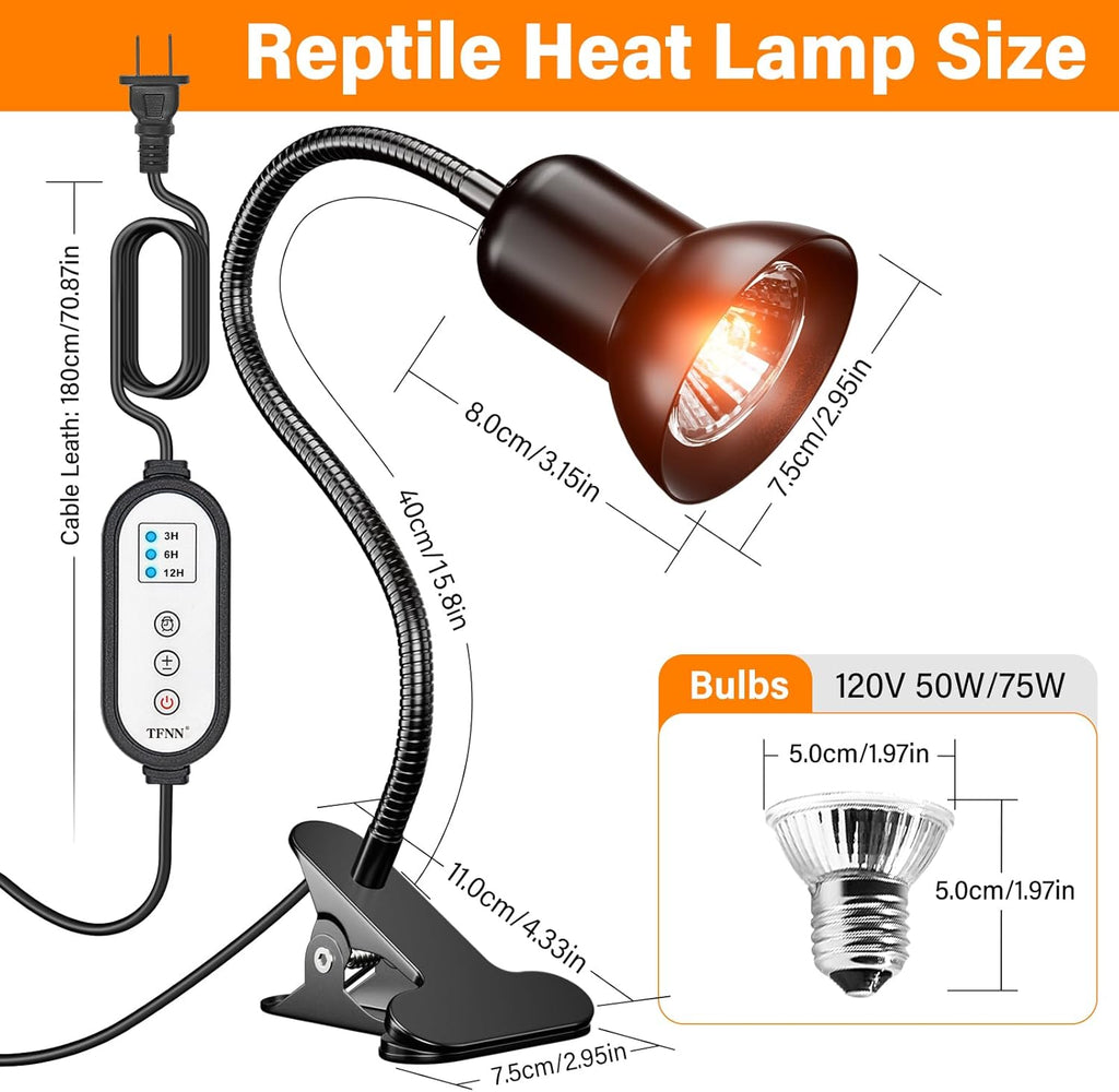 Reptile Heat Lamp, Heat Lamp with Clamp, UVA UVB Reptile Light with Intelligent Cycle Timer for Turtle, Bearded