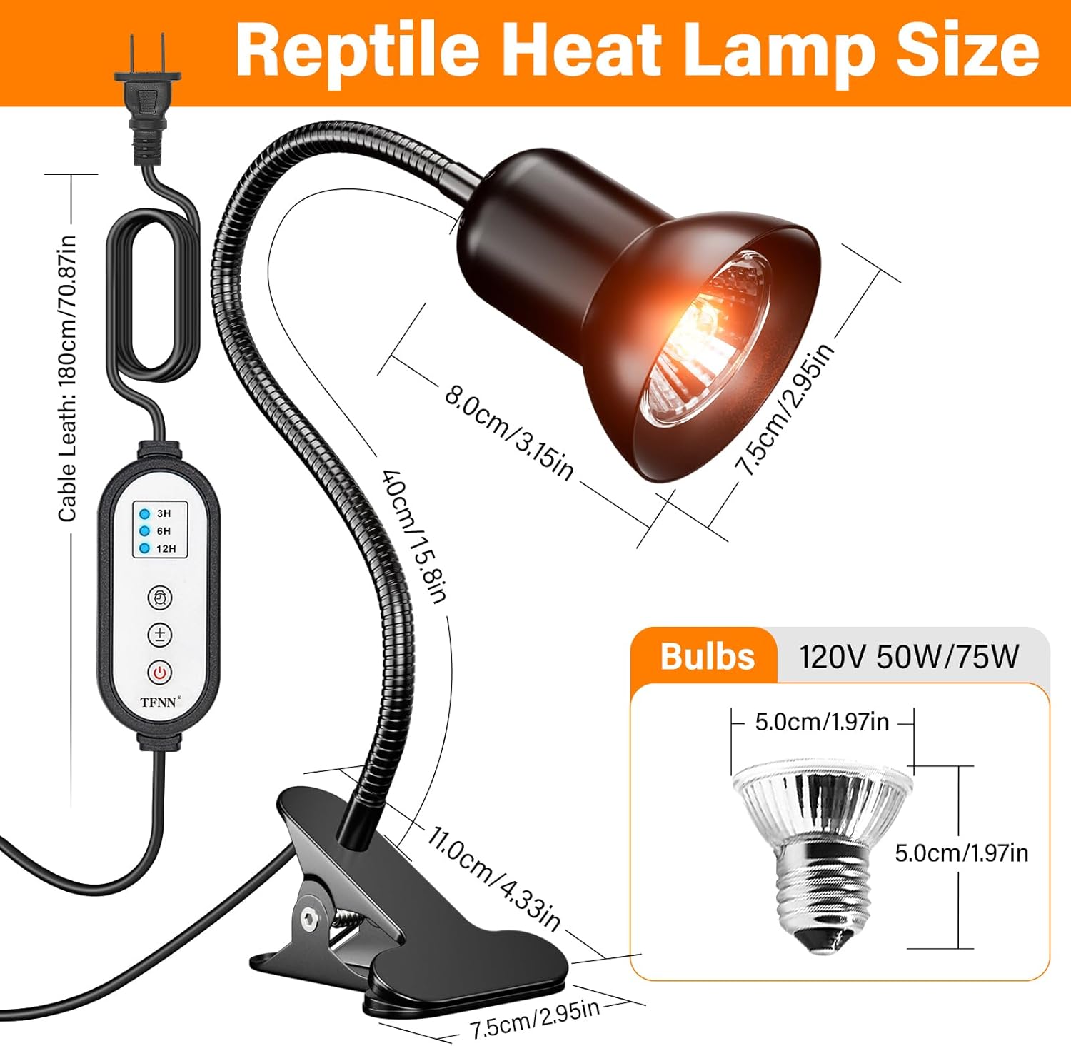 Reptile Heat Lamp, Heat Lamp with Clamp, UVA UVB Reptile Light with Intelligent Cycle Timer for Turtle, Bearded