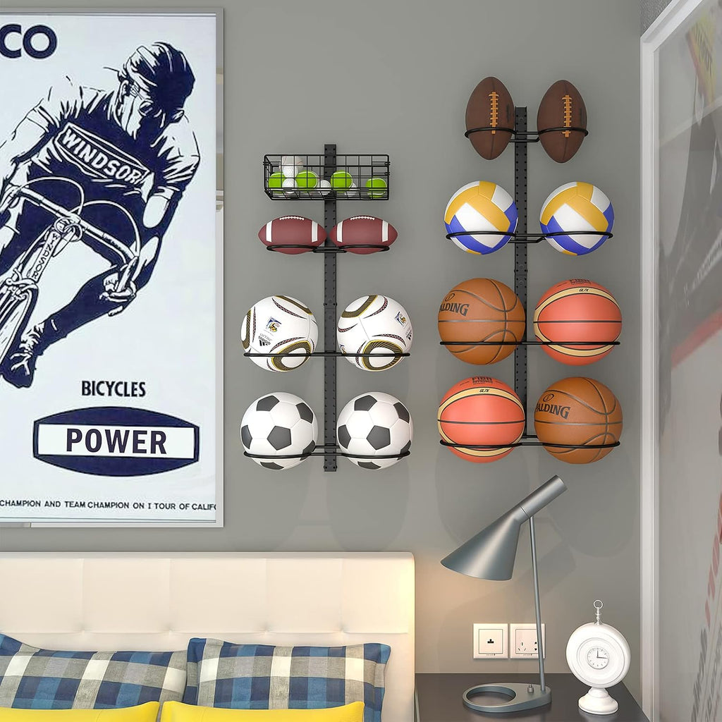 8 Tier Detachable Wall Mounted Basketball Rack, Vertical/Horizontal Football Holder, Holds 14 Balls DIY 1/2/3/4