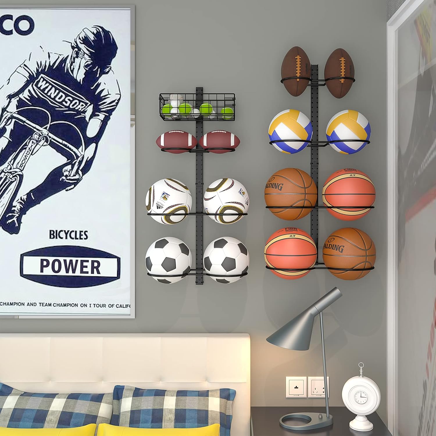 8 Tier Detachable Wall Mounted Basketball Rack, Vertical/Horizontal Football Holder, Holds 14 Balls DIY 1/2/3/4