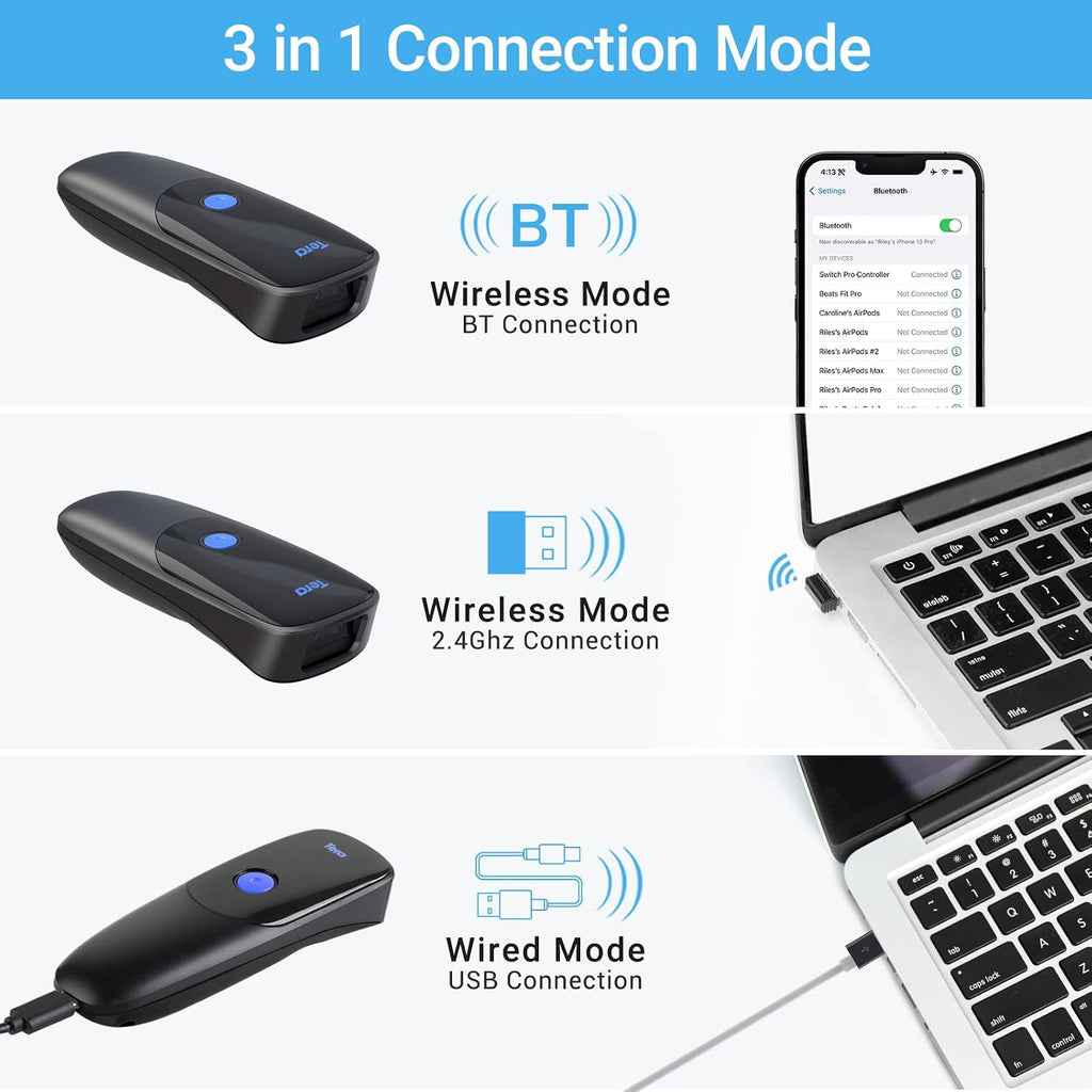 Barcode Scanner 2D Portable Wireless: BT 2.4G USB Pocket Reader, 1300 | 640*480 CMOS Global, 2.5oz Lightweight, 1D 2D