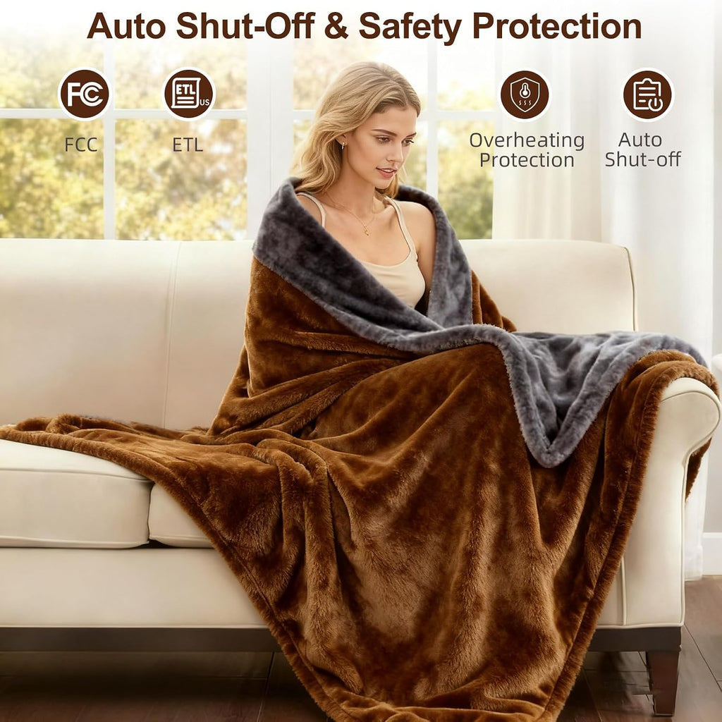Electric Heated Blanket Throw 50''x60'' – Soft Dual-Sided Flannel, 12 Heat Settings, Smart Timer, ETL & FCC