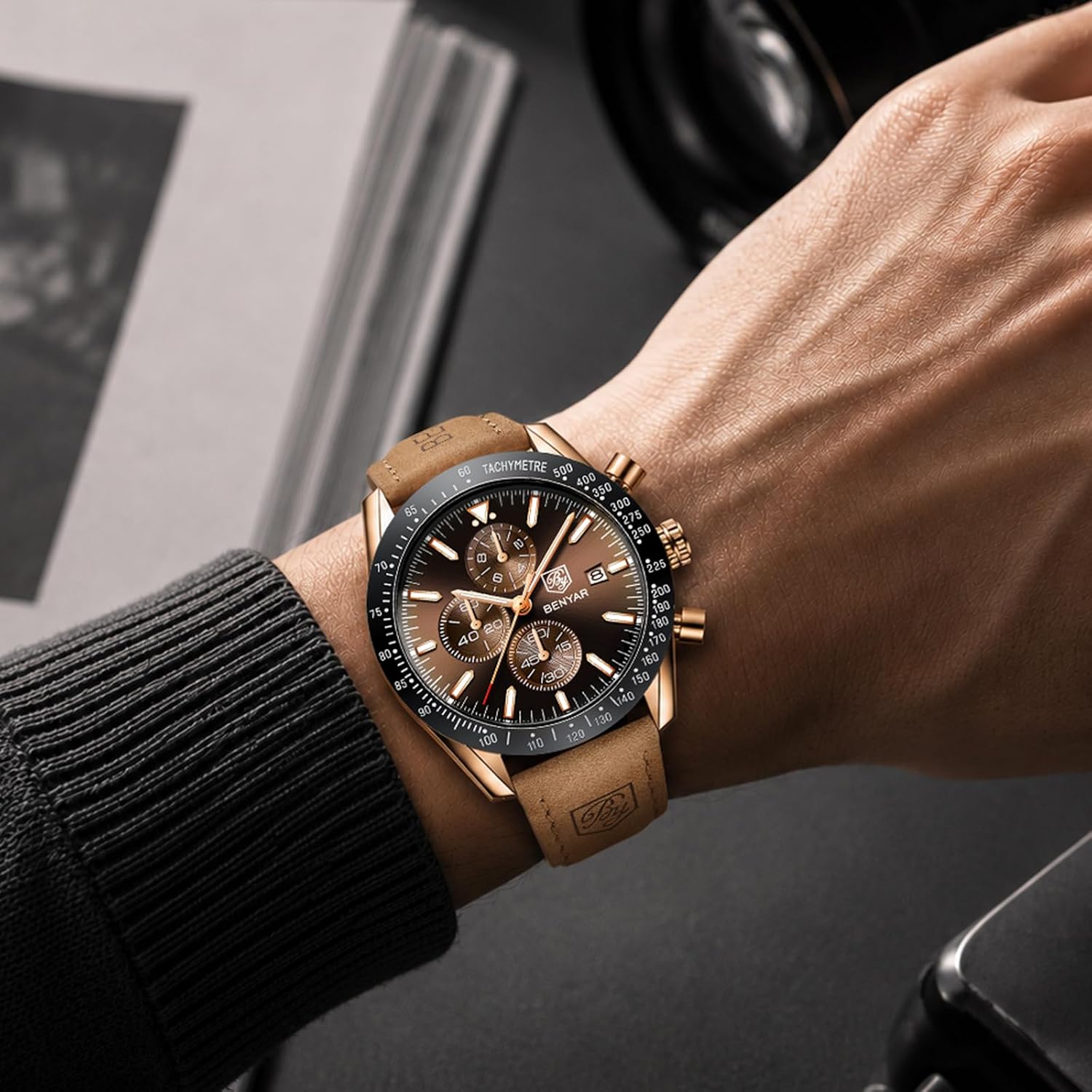 Watches for Men, Analog Quartz Movement Chronograph Wrist Watch, Leather/Stainless Steel/Silicone Strap, Business