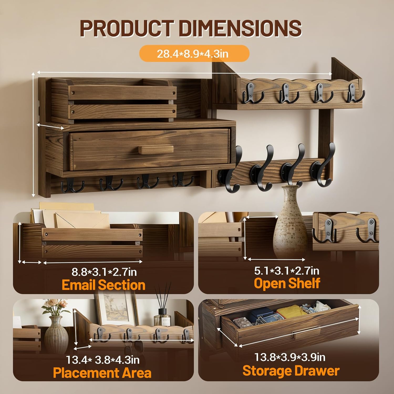 29" Coat Rack Wall Mount with Shelf & Drawer, Heavy Duty Wood Entryway Organizer, Wall Coat Hanger with 12 Metal