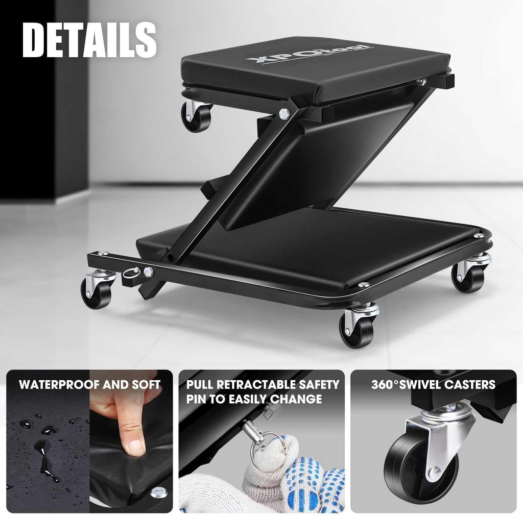 Mechanic Creeper, 36" Z Creeper Seat 300 lbs Capacity Garage Chair, Adjustable 2-in-1 Rolling Folding Creepers with 6