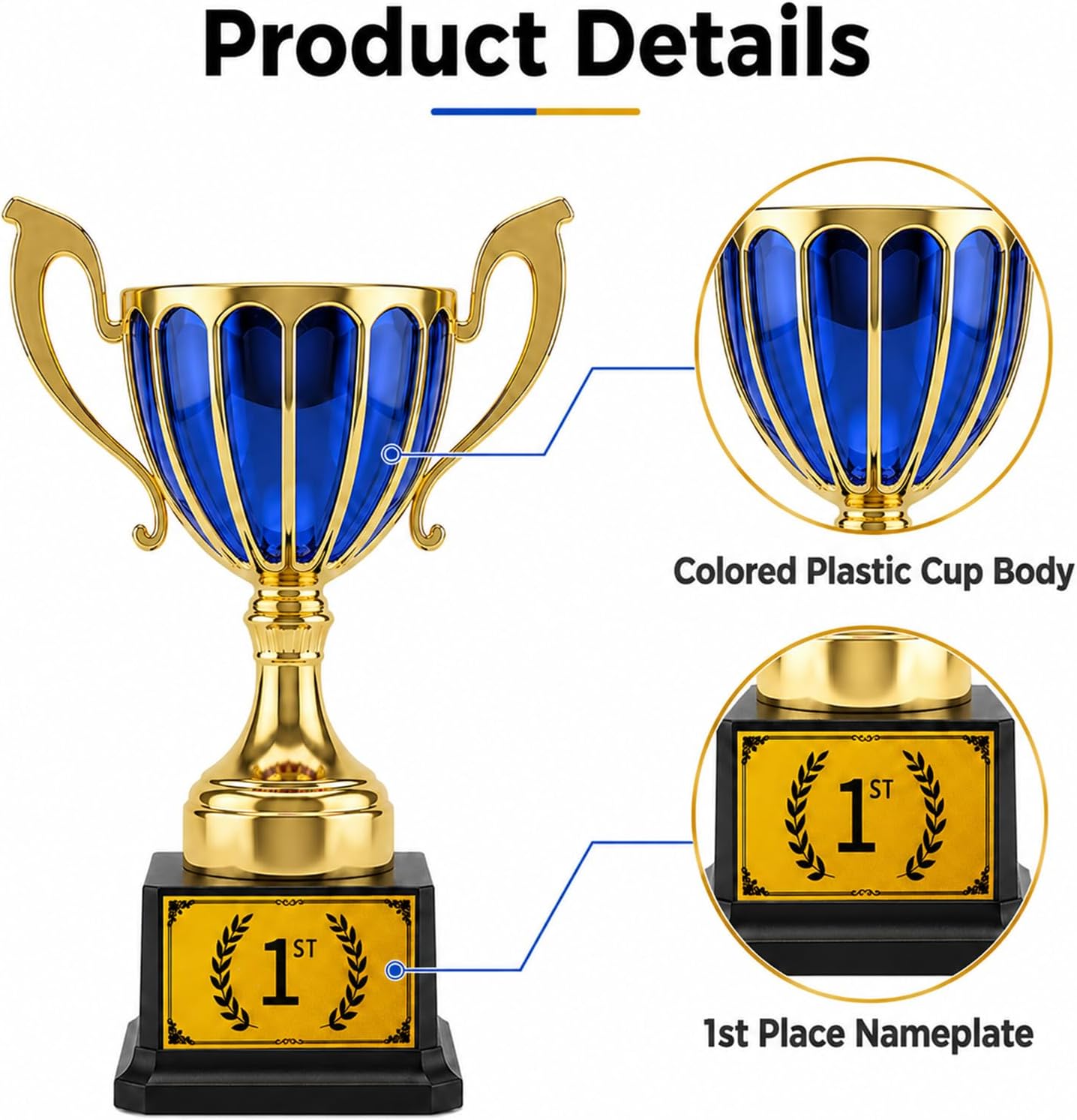 1st Place Trophy Award, Plastic Trophy Cup with Gold Finish, Fixed 1st Sticker, Red or Blue Winner Trophy, 8.46 Inch