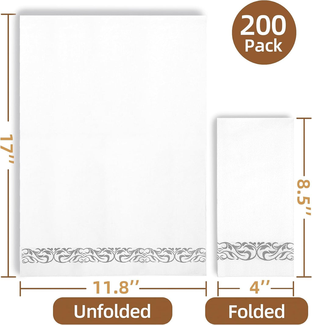 200 Pack Premium Guest Towels with Silver Trim, Linen Feel Napkins
