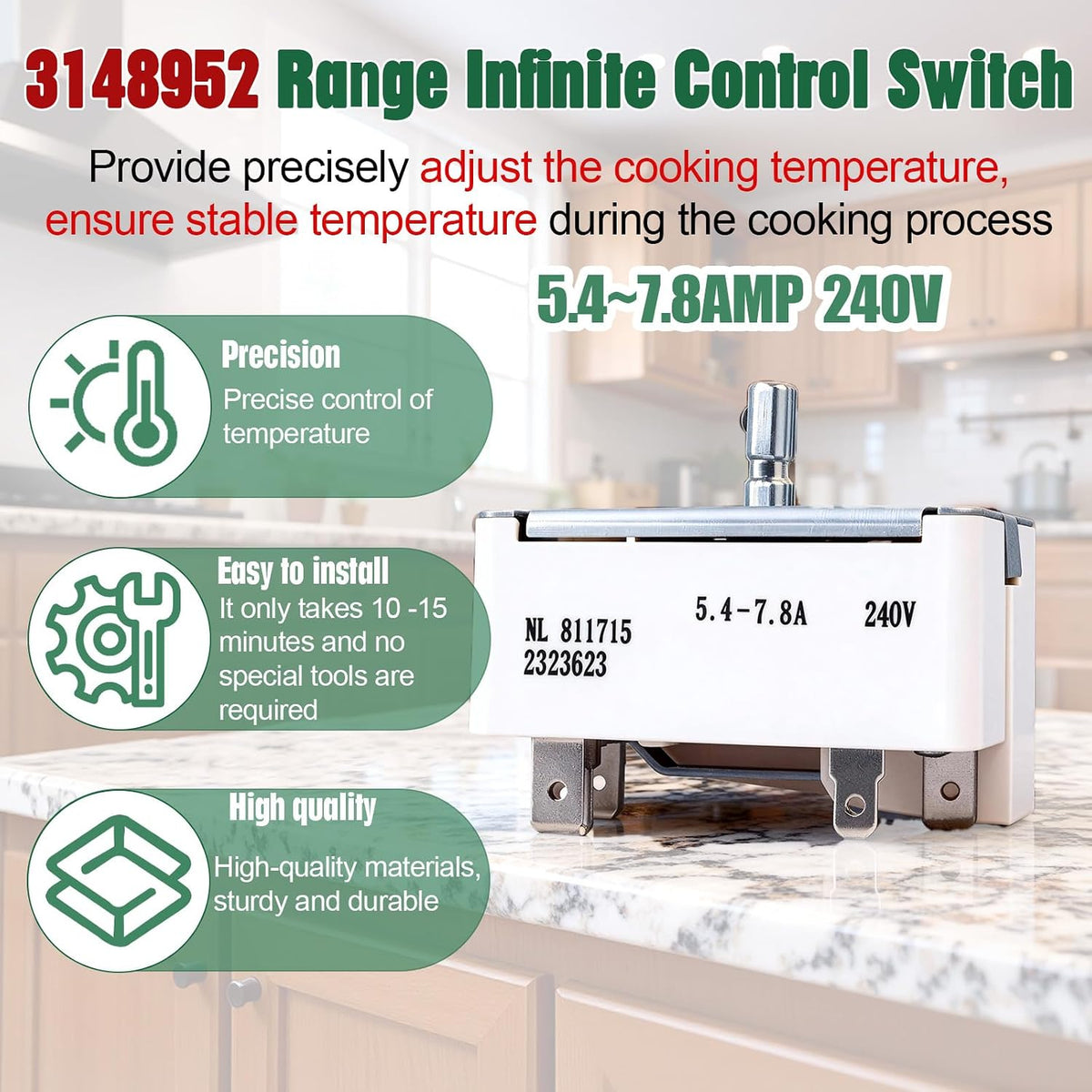 3148952 WP3148952 Range Surface Burner Infinite Switch Replacement – 240V Electric Stove Top Control for Whirlpool Maytag Amana KitchenAid Kenmore – Replaces AP6007657 PS11740774 – Fits 6 Inch Element