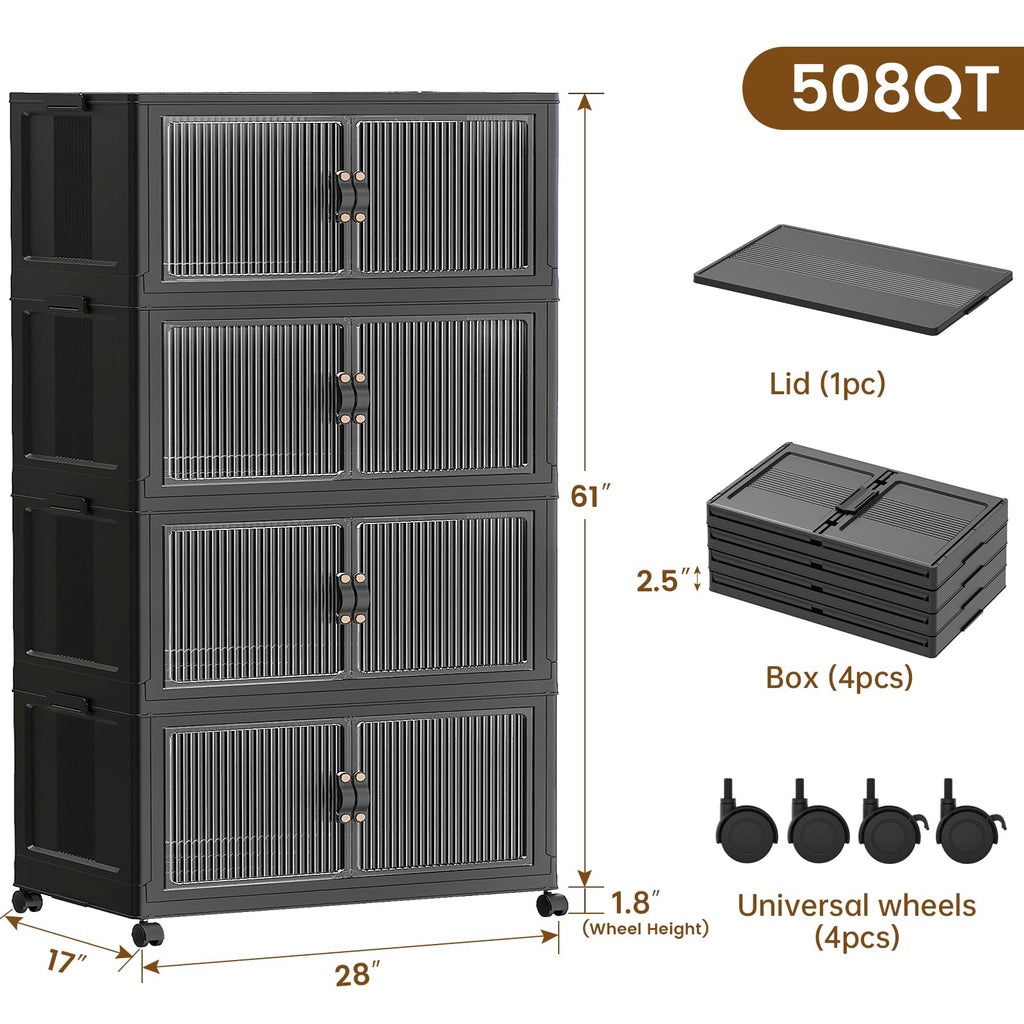 580Qt Stackable Storage Bins,Storage Cabinet with a Lid,4 Pack Black
