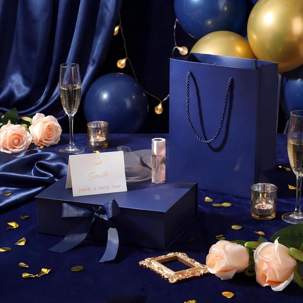 Dark Blue Luxury Gift Box with Lid Ribbon Bag and Card, 9x7x3
