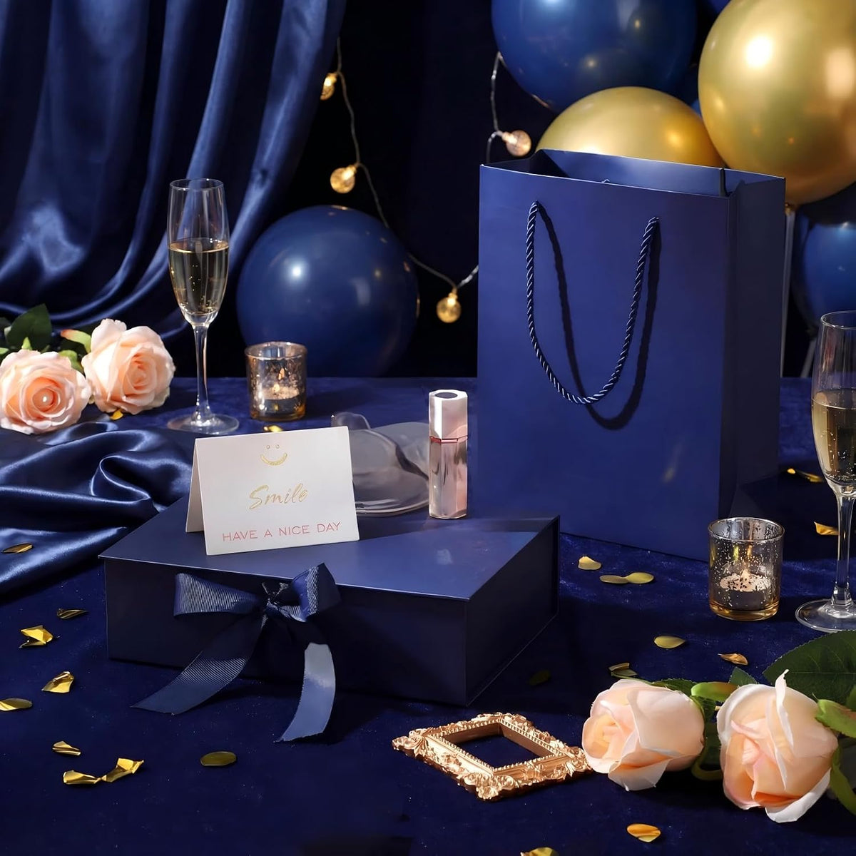 Dark Blue Luxury Gift Box with Lid Ribbon Bag and Card, 9x7x3