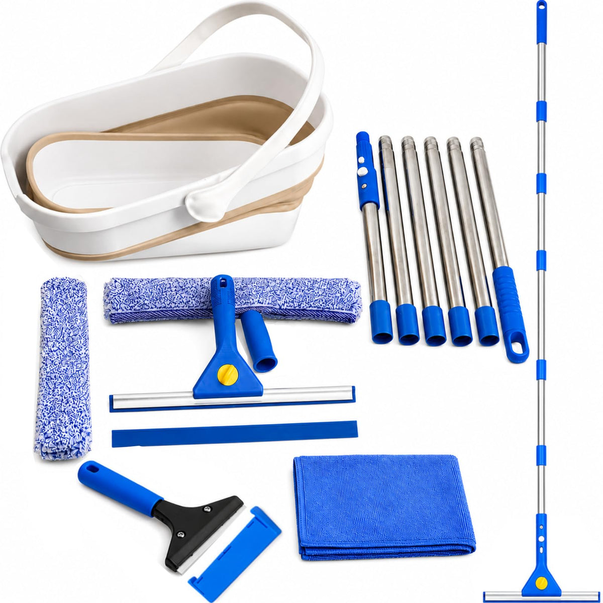 Window Cleaning Kit, 87-Inch Reach, Squeegee, Collapsible Bucket & Scraper