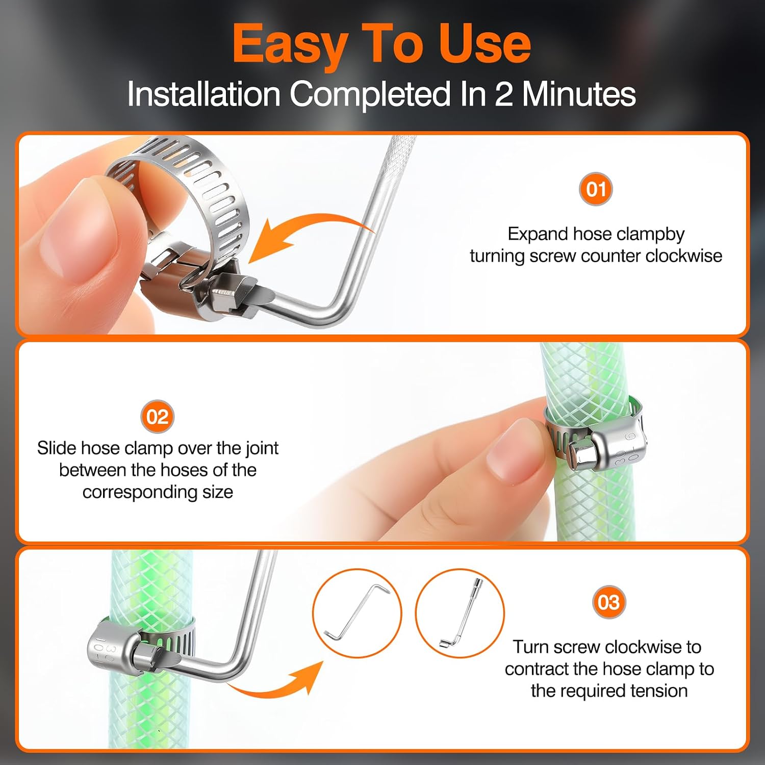 202PCS Hose Clamp Kit 304 Stainless Steel 8 Sizes 1/4"-2" Worm Gear | 6-51mm range | Worm gear clamps | Wrench &