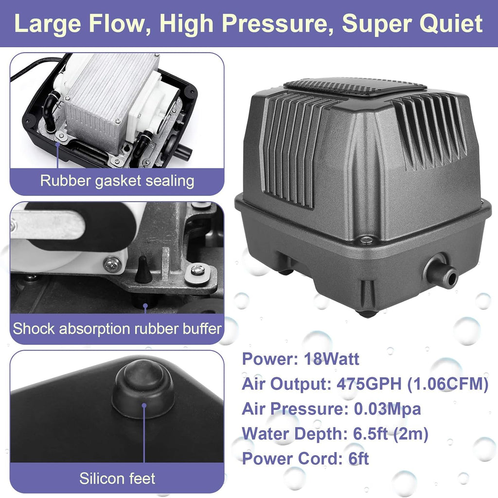 Koi Pond Aerator Pond Air Pump with Self-Sinking Airline Rubber Air Diffuser, Air Flow Control Pond Deicer All-in-One