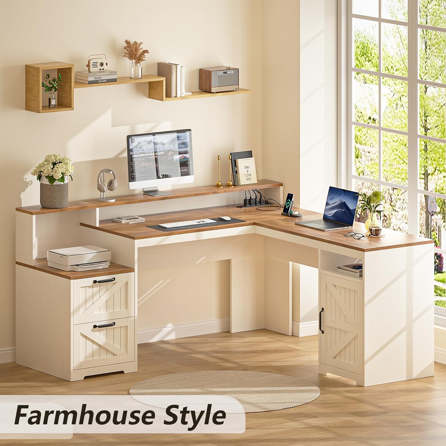 63" Farmhouse L Shaped Executive Desk with Drawers & Storage Shelf, Corner Computer Desk with Power Outlets, L Shaped