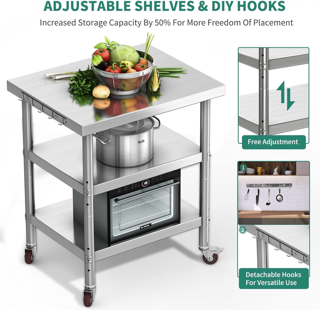 36" X 24" Stainless Steel Table with Wheels, 3 Shelves