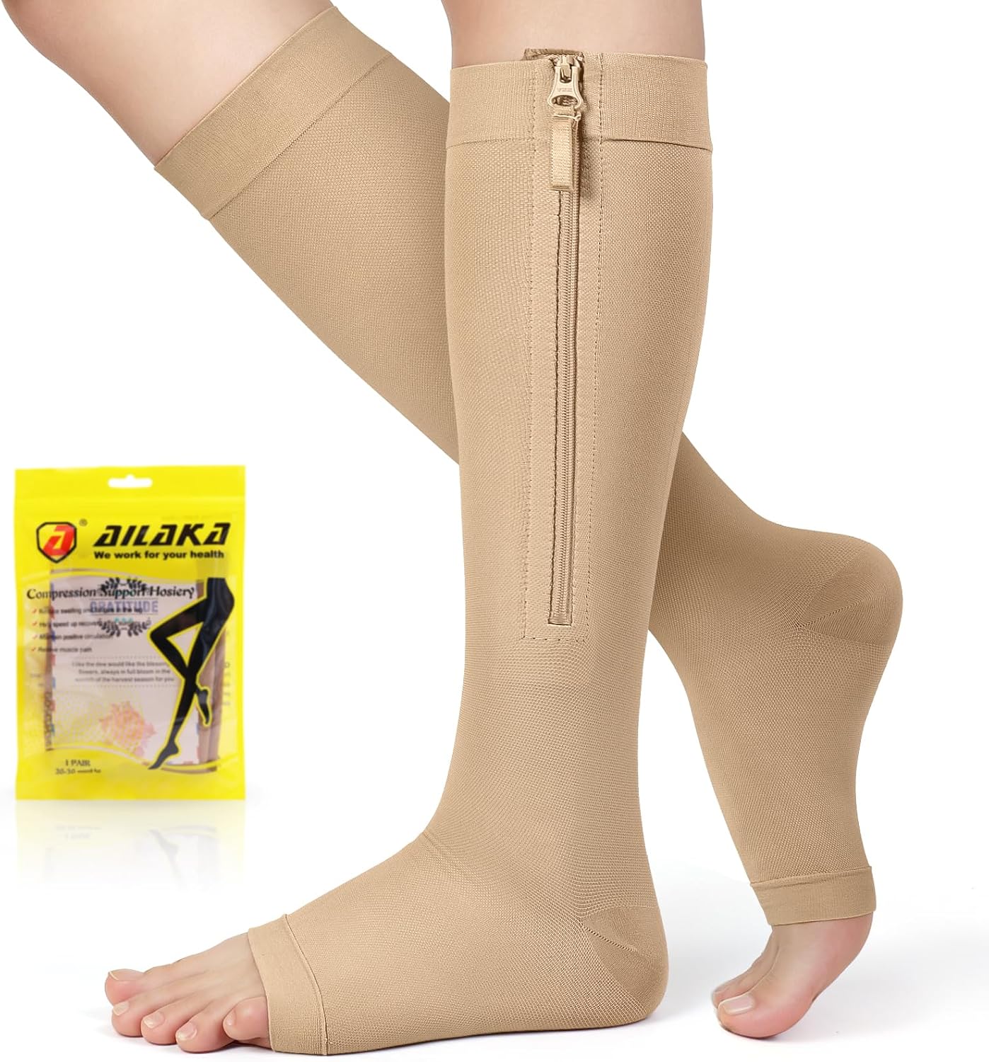 Zipper 20-30 mmHg Compression Socks for Women & Men, Knee High Open Toe