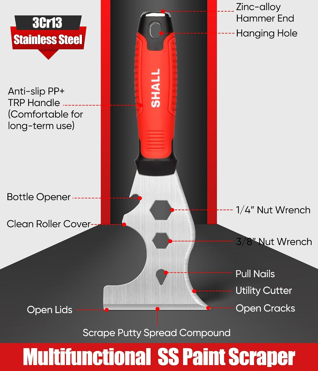 Drywall Tool Kit, 7 Pcs Stainless Steel Set Includes Putty Knife, Taping Knife, Painter Scraper Tool & 12" Mud Pan