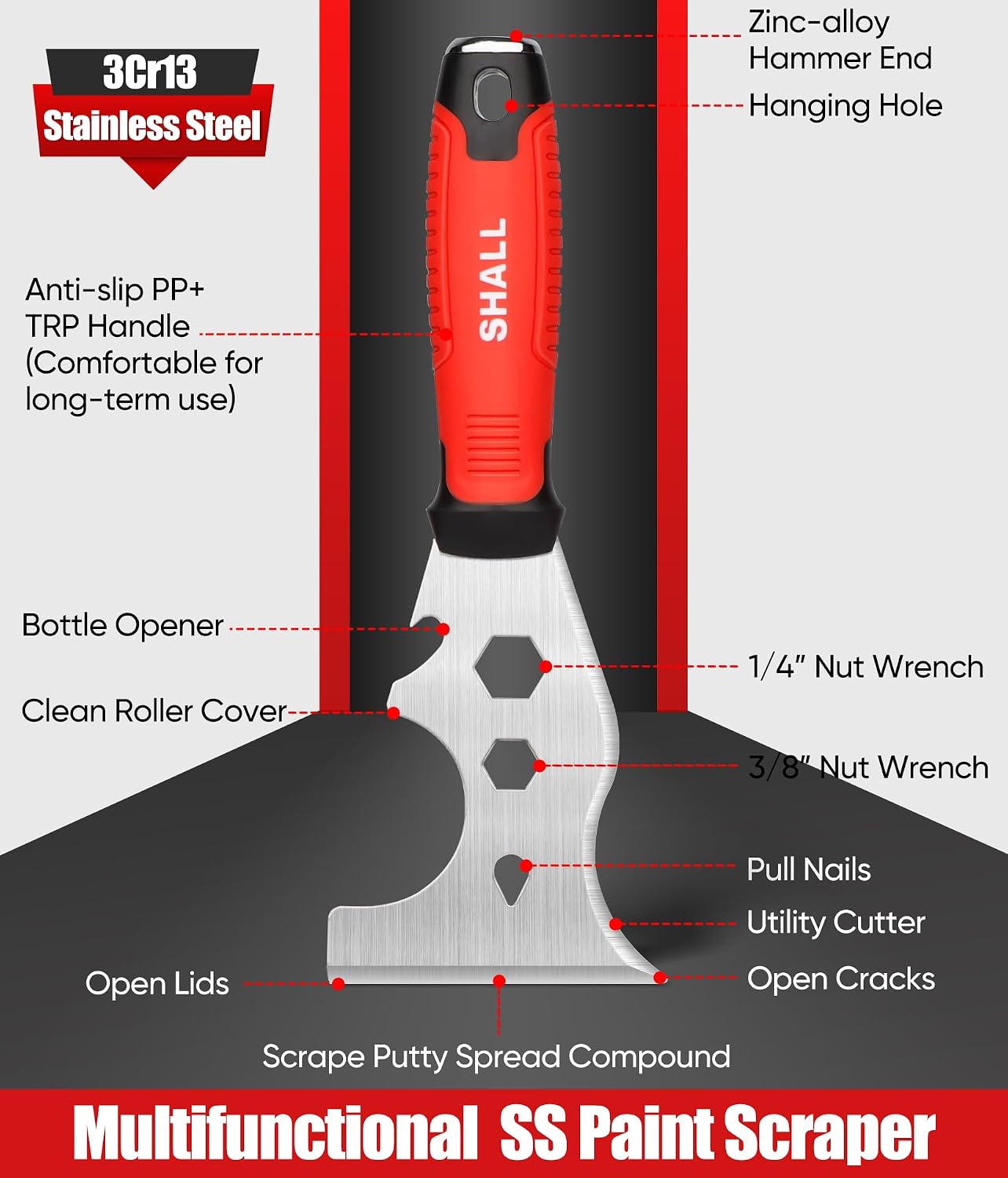 Drywall Tool Kit, 7 Pcs Stainless Steel Set Includes Putty Knife, Taping Knife, Painter Scraper Tool & 12" Mud Pan