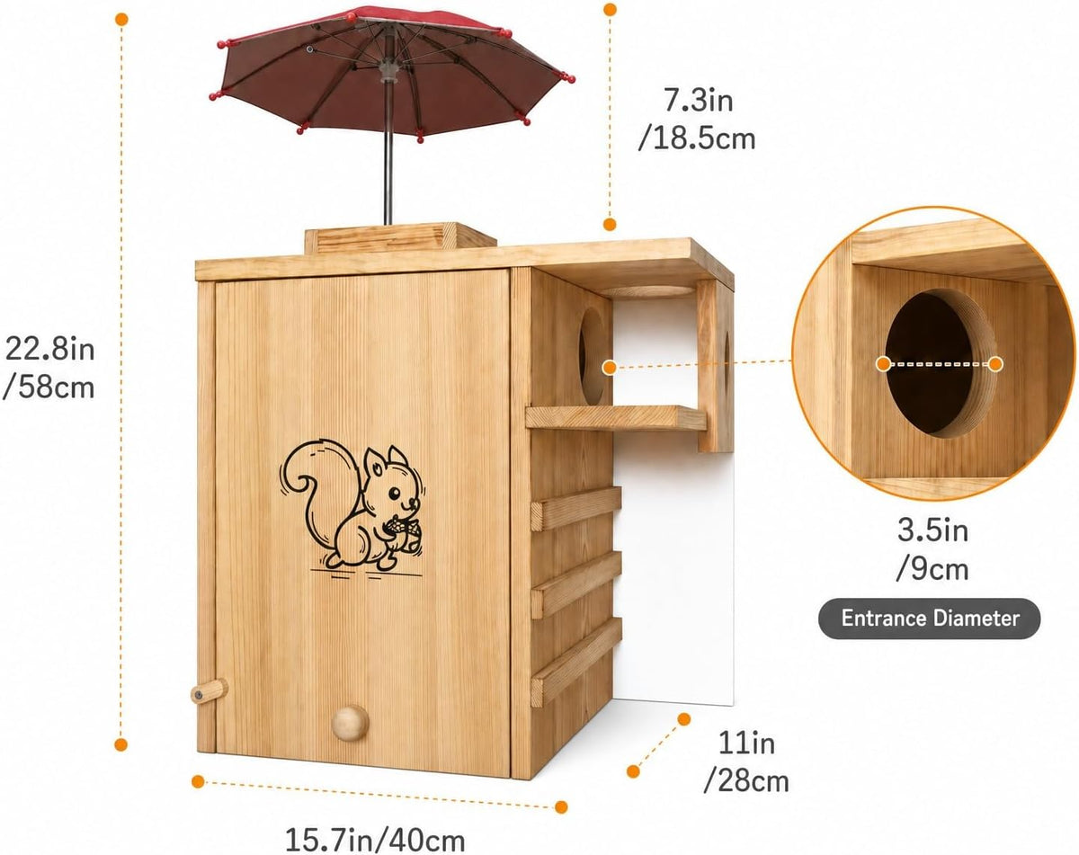 Large Wooden Squirrel House Outdoor，Nest Box with Feeder & Predator Guard