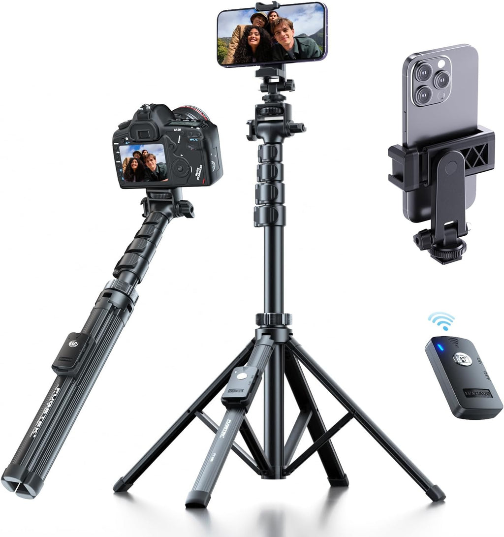 62" Professional Cell Phone Tripod, Ultra Stable 4 Leg Design, Bluetooth Remote, 100% All Aluminum Stick & Legs