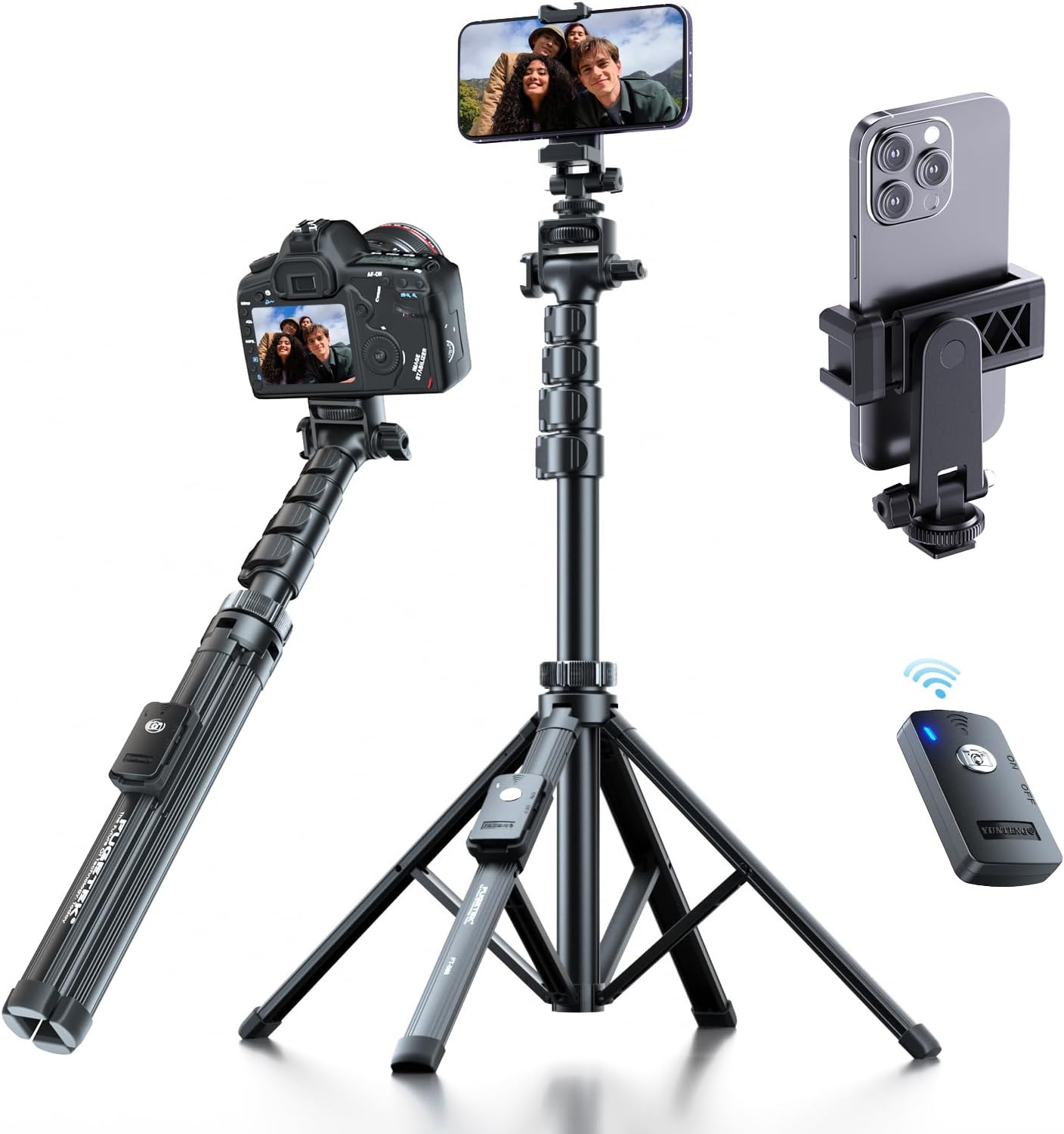 62" Professional Cell Phone Tripod, Ultra Stable 4 Leg Design, Bluetooth Remote, 100% All Aluminum Stick & Legs