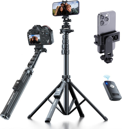62" Professional Cell Phone Tripod, Ultra Stable 4 Leg Design, Bluetooth Remote, 100% All Aluminum Stick & Legs